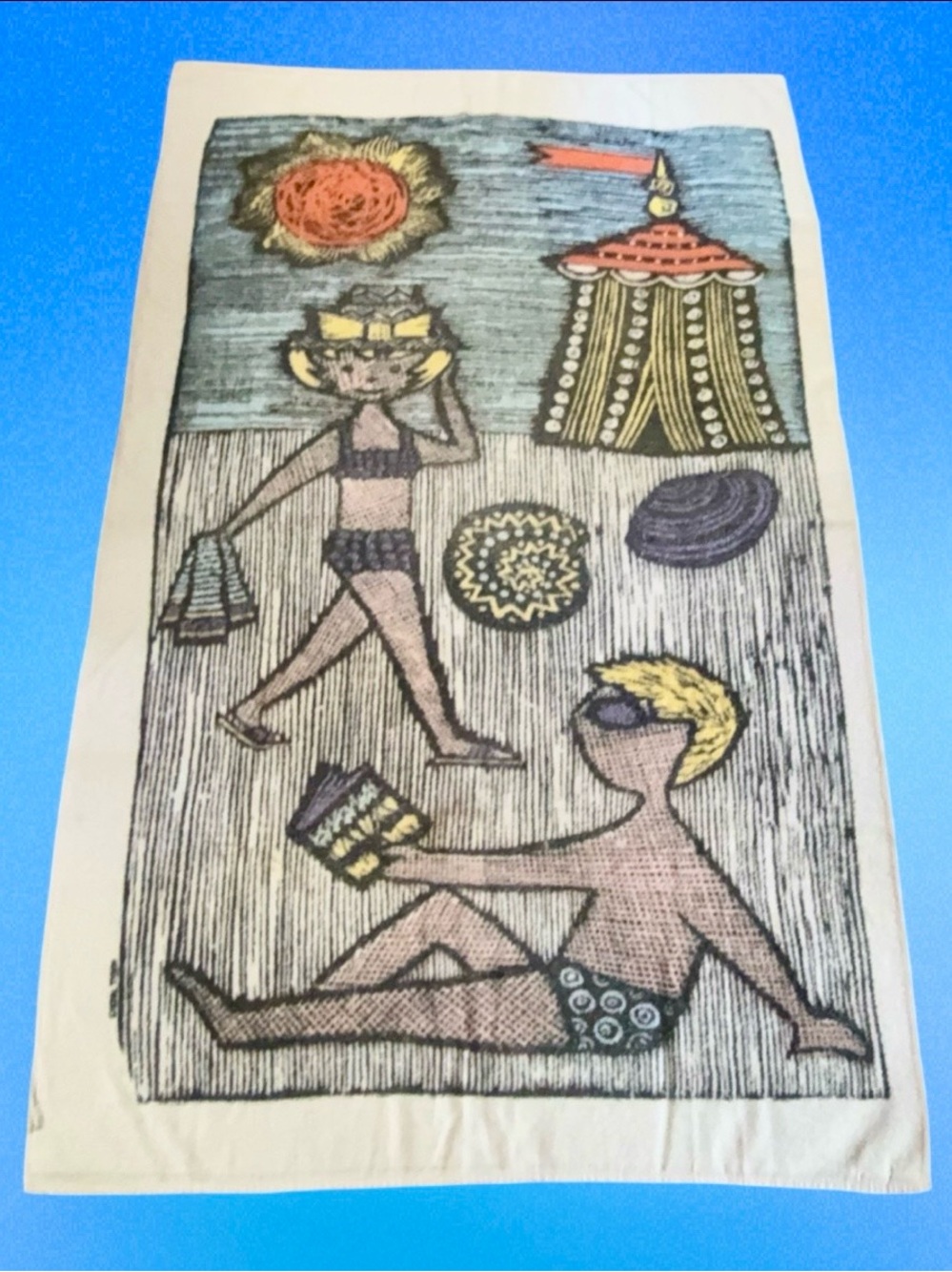 Vintage MCM 1950’s-60’s Royal Terry Beach Towel Novelty Kitschy Couple 36x60
